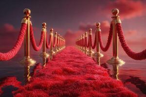 Red carpet pathway leads to the horizon over calm waters during a serene sunset photo