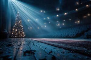 Christmas tree illuminated in an abandoned theater with scattered debris during the holiday season at dusk photo