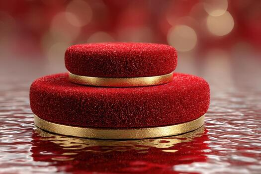 elegante rojo y oro monitor de redondo cojines en un reflexivo superficie, Perfecto para evento decoración y Destacar foto