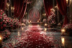 Romantic event hall adorned with roses and candles for a special celebration photo