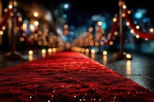 Elegant red carpet event at night with sparkling lights and decorative ropes photo