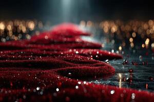 Red liquid flows across a dark surface illuminated by soft light in a moody, dramatic setting photo