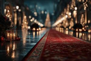 Holiday lights illuminate a festive pathway lined with decorations and a grand tree in a vibrant evening setting photo