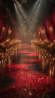 Luxurious event space adorned with red drapes and candlelight glowing under a magical atmosphere photo
