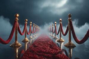 Red carpet pathway leads to anticipation under a dramatic foggy sky photo