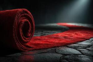 Elegant red carpet leading to a spotlight on a dark stone surface at a formal event in a luxurious setting photo