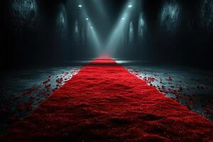 Red carpet stretching through a dimly lit corridor with dramatic lighting and scattered petals on the floor photo