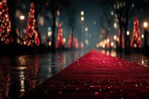 Festive red carpet path illuminated by holiday lights in a rainy urban landscape at night photo