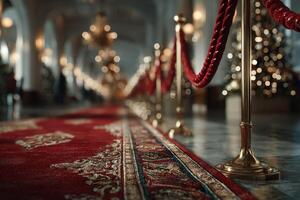 Elegant red carpet leading through a beautifully decorated hall during the holiday season photo