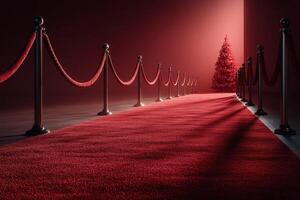 Elegant red carpet leading to a decorated Christmas tree in a dramatic setting photo