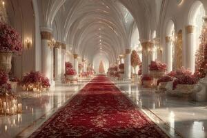 Elegant holiday hallway adorned with festive decorations and a central Christmas tree in a grand setting photo
