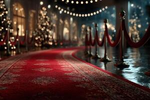Elegant holiday event with red carpet, festive decor, and soft lighting in a luxurious indoor setting during winter season photo