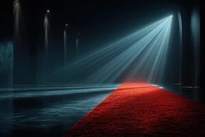 Illuminated red carpet leading into a dark hall with dramatic light rays and wet floor reflections at an exclusive event photo