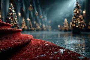 Elegant red carpet leading to a festive hall decorated with Christmas trees during a holiday celebration photo
