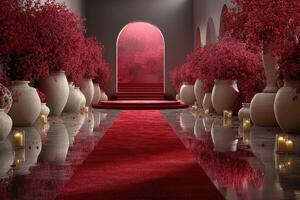 Elegant corridor adorned with red flowers and candles leading to a lush garden at dusk photo