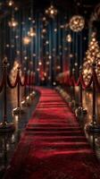 Elegant red carpet walkway surrounded by lights and decorations for a festive celebration event in a stylish venue photo