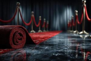 Decorated entrance featuring a rolled red carpet leading towards velvet ropes at an upscale event venue during evening hours photo