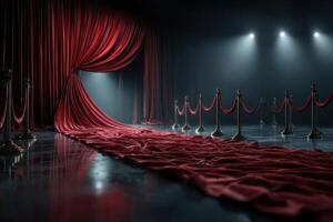 Elegant red curtains part to reveal a glamorous stage setup in a dimly lit theater photo