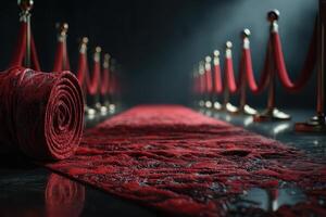 Luxurious red carpet lined with elegant stanchions in a dimly lit venue ready for a special event photo