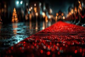 Elegant red carpet leading to a festive venue under evening lights photo