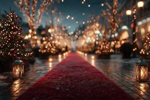 Beautifully lit pathway surrounded by festive trees and decorations in a winter evening setting photo