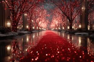 Sparkling red pathway surrounded by illuminated trees in a winter evening setting creates a magical atmosphere photo