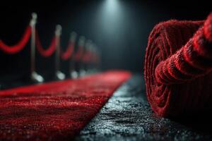 Red carpet unfurls in preparation for a glamorous event inside a dimly lit venue showcasing elegance and anticipation photo
