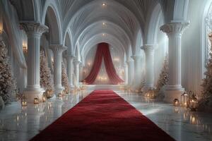 Elegant winter wedding venue featuring a grand red carpet and decorative lights in a majestic hall photo