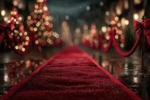 Elegant red carpet leads to festive holiday decorations in a rainy evening setting photo
