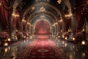 Elegant hall adorned with red curtains and chandeliers for a grand event in an opulent setting photo