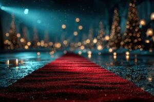 Luxurious red carpet leading to a festive celebration amidst twinkling lights and trees photo