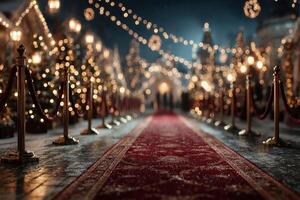 Illuminated winter walkway lined with festive decorations and holiday trees at nighttime photo