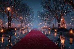 Elegant evening walk through a lit park with a red carpet and festive decorations during winter photo
