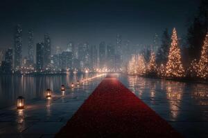 Knight scene featuring a red carpet lined with lanterns and illuminated trees overlooking a city skyline at night photo