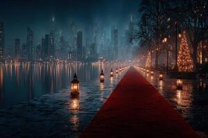City waterfront pathway illuminated by lanterns during nighttime with festive decorations and skyline views photo