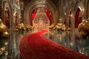 Elegant ballroom adorned with gold decorations and a red carpet leading to a central throne photo