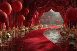 Elegant red carpet and balloon setup in a lavish venue during a gala event photo