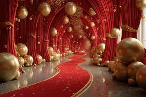 Elegant gala hallway adorned with golden spheres and red drapery for a festive event celebration photo