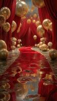 Elegant gala pathway adorned with golden balloons and red drapery in a shimmering setting photo