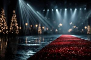 Elegant red carpet leading towards a festive event space illuminated by soft lights photo