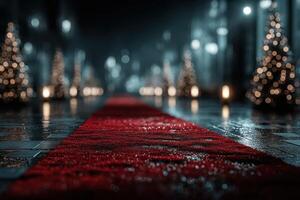 Elegant red carpet leading to festive Christmas trees with blurred city lights at night photo