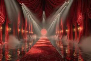 Dramatic red drapery decorates an elegant venue with a glowing orb on a reflective floor during evening event preparation photo