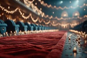 Red carpet lined with candles and fairy lights in an elegant venue ready for a special event photo