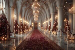Elegant holiday decoration in a grand hall with ornate chandeliers and Christmas trees photo