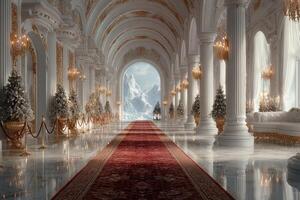 Elegant and grand hall adorned with holiday decorations in a snowy mountain setting photo