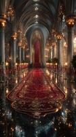 Grand hallway adorned with luxurious decor and elegant lighting in an opulent palace at twilight photo