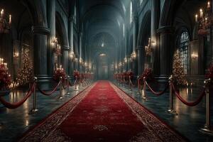 Elegant corridor adorned for a festive gathering in a grand historic building photo