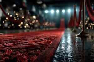 Luxurious red carpet leading up to an elegant event space decorated with lights photo
