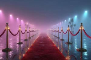 Elegant red carpet path surrounded by illuminated ropes in a foggy environment at night photo