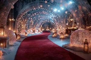 Elegant winter gala pathway illuminated with warm lights and festive decorations in a snowy setting photo